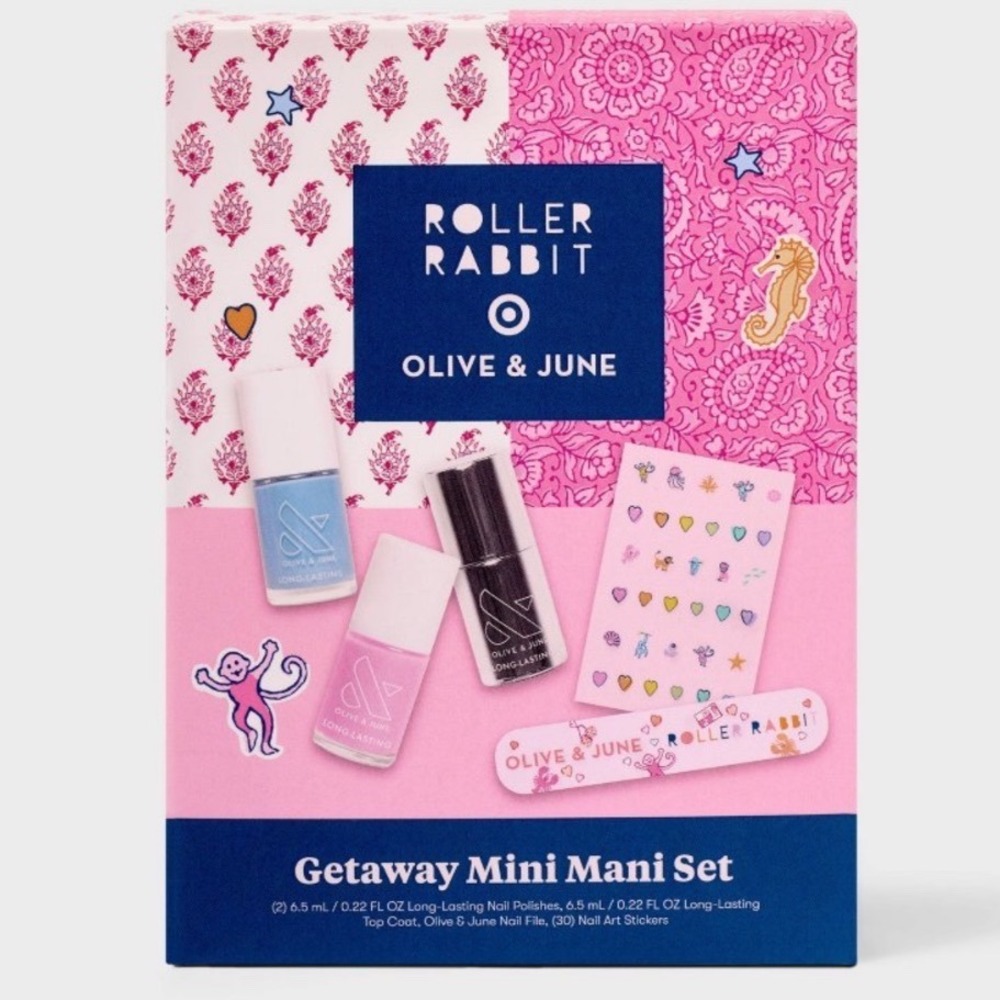 Roller Rabbit x Olive & June Getaway Mini Mani Set Blue Pink Nail Polish Kit NEW